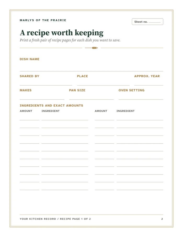 Keepsake sheet for writing down a family recipe